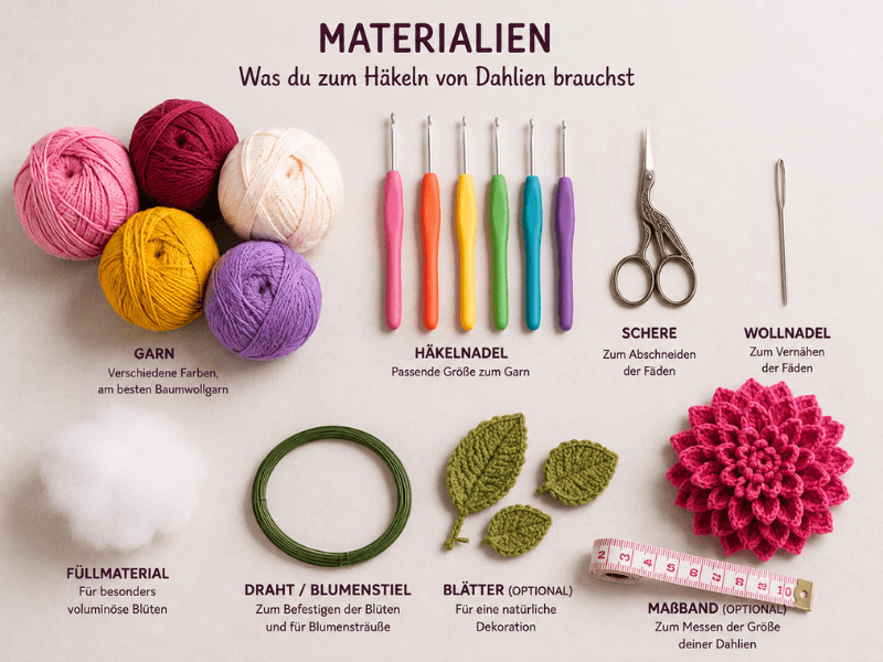 Materialien zum Häkeln von Dahlien mit Garn und Häkelnadel