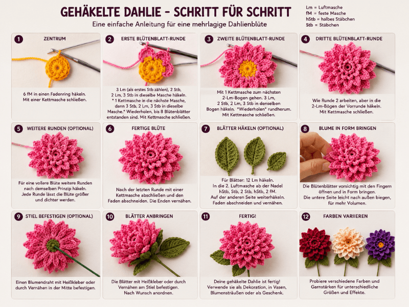 Gehäkelte Dahlie Schritt für Schritt mit Blütenblättern und Garn