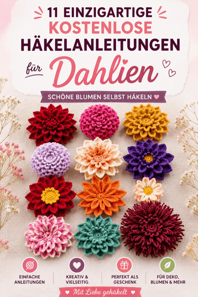 11 einzigartige kostenlose Häkelanleitungen für Dahlien mit bunten Häkelblumen