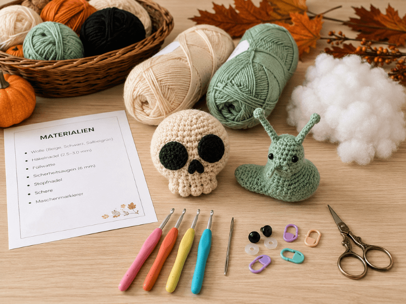 Materialien und Häkelzubehör für eine gruselige Halloween-Häkelidee