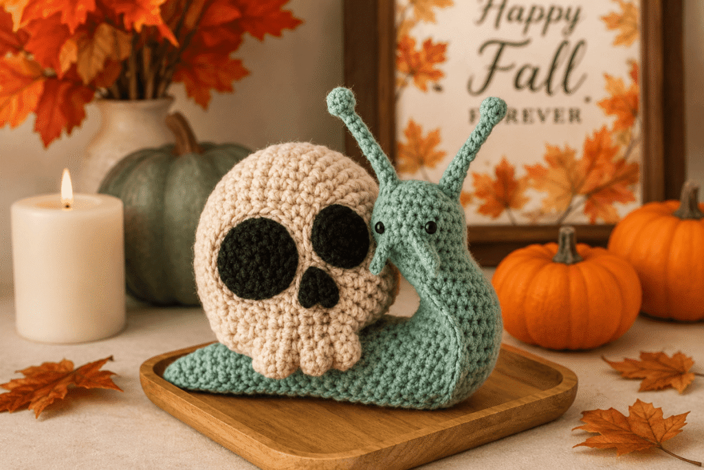 Niedliche und gruselige gehäkelte Halloween-Figur mit Schädel und grüner Schnecke