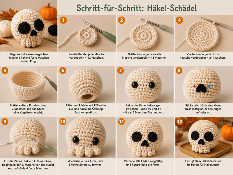 Schritt-für-Schritt-Anleitung zum Häkeln eines Halloween-Schädels