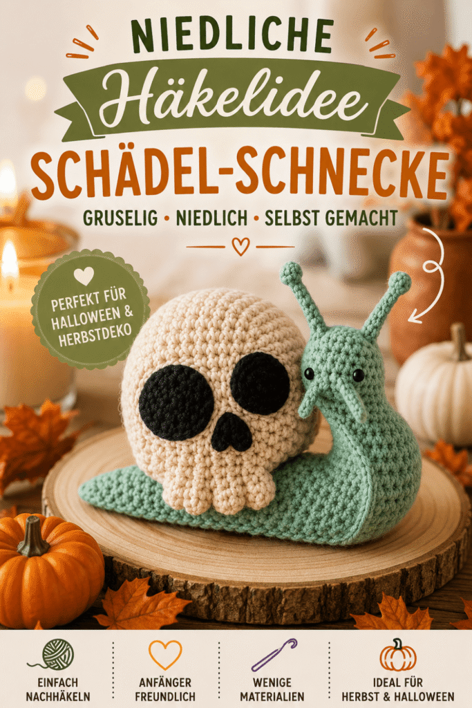 Niedliche gehäkelte Schädel-Schnecke als Halloween-Dekoration