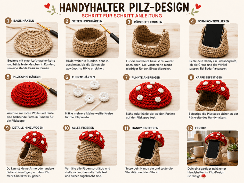 Schritt-für-Schritt-Anleitung für einen gehäkelten Handyhalter im Pilz-Design