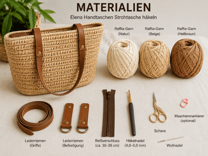 Materialien für die Elena Handtaschen Strohtasche mit Raffia-Garn, Häkelzubehör und Lederriemen