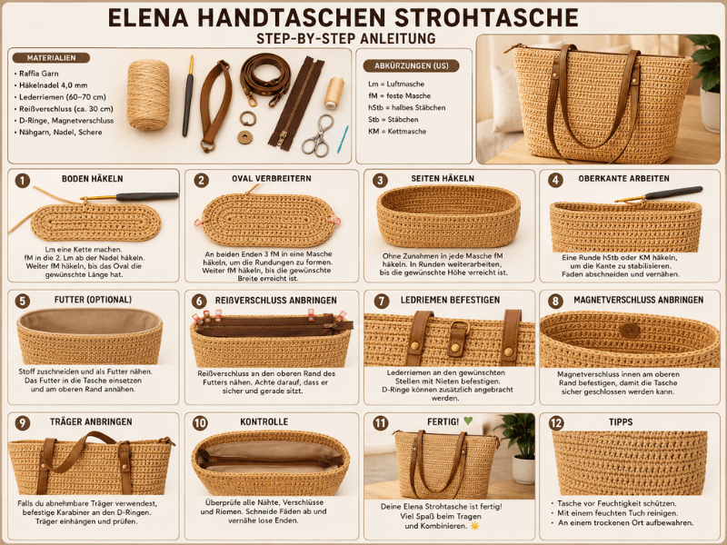 Elena Handtaschen Strohtasche Schritt für Schritt häkeln