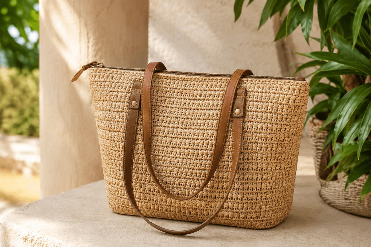 Elena Handtaschen Strohtasche aus gewebtem Stroh mit Lederriemen