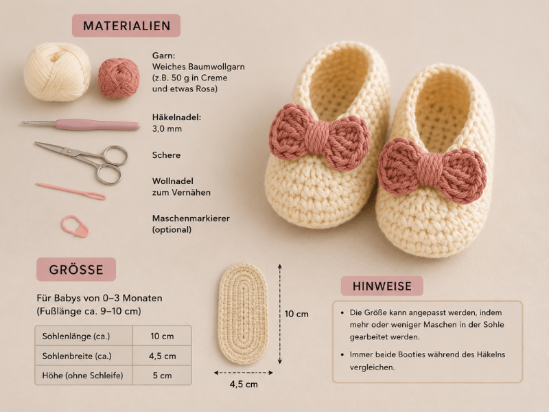 Materialien zum Häkeln von Baby-Booties mit Schleife
