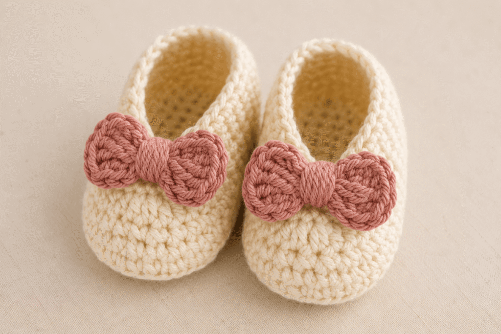 Gehäkelte Baby-Booties mit Schleife in Creme und Rosa