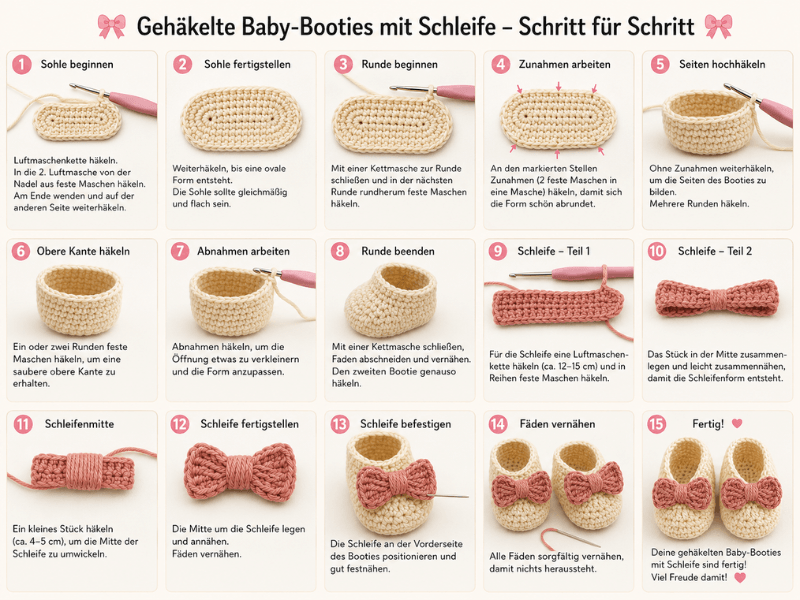 Schritt-für-Schritt-Anleitung zum Häkeln von Baby-Booties mit Schleife