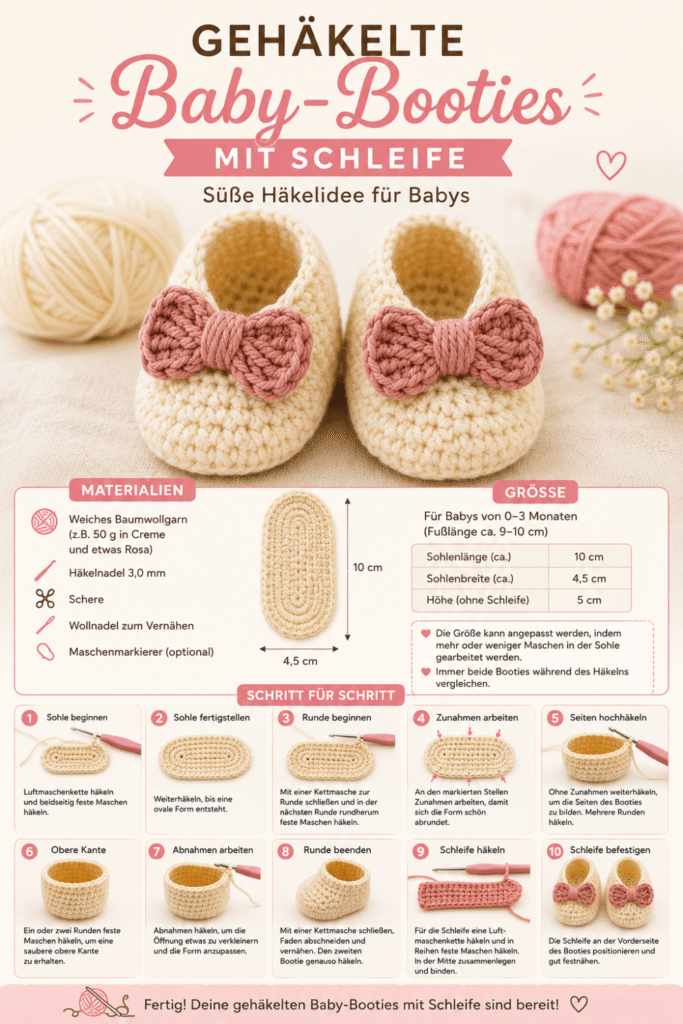 Gehäkelte Baby-Booties mit Schleife – Schritt-für-Schritt-Häkelidee