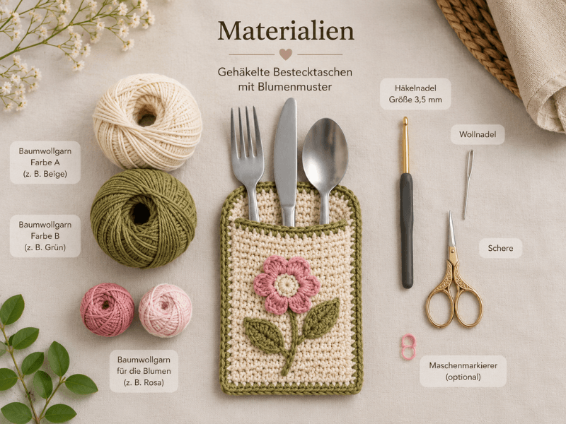 Materialien für gehäkelte Bestecktaschen mit Blumenmuster