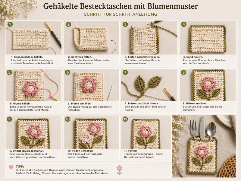 Gehäkelte Bestecktasche mit Blumenmuster Schritt für Schritt Anleitung
