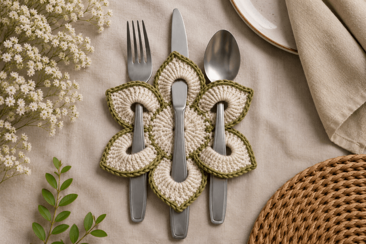 Gehäkelte Bestecktaschen mit Blumenmuster und Besteck auf einer stilvoll gedeckten Tafel