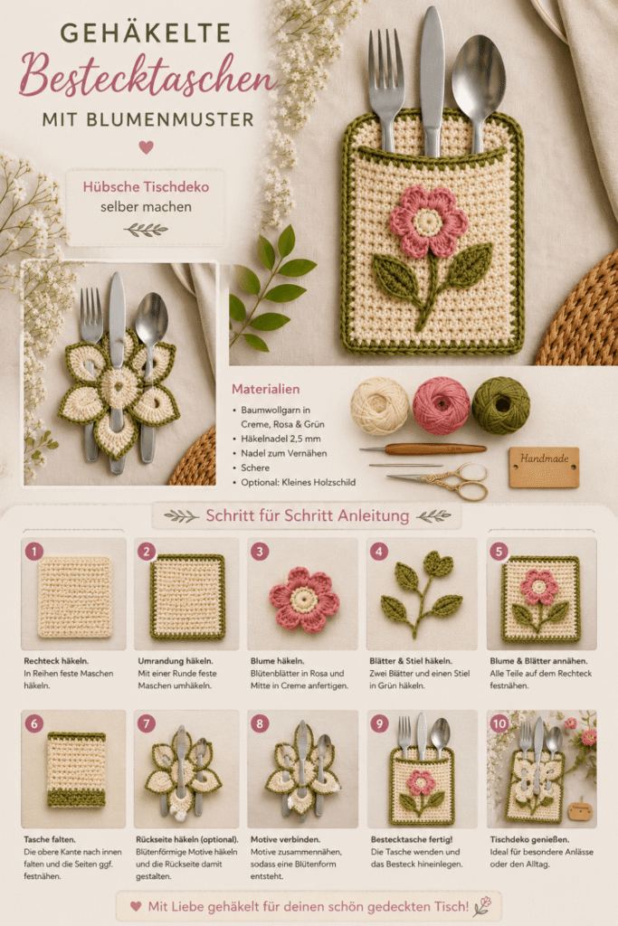 Gehäkelte Bestecktasche mit Blumenmuster als kreative Tischdeko