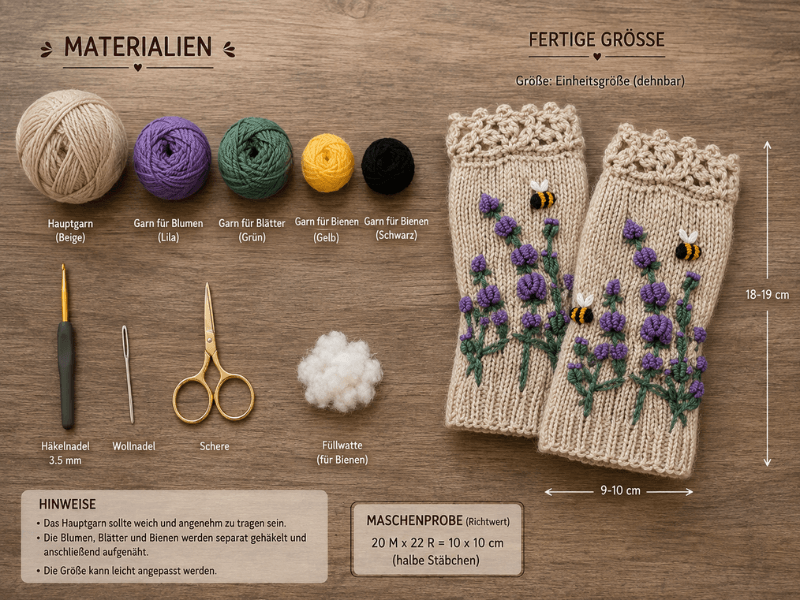 Material für gehäkelte Handstulpen mit Blumen und Bienen
