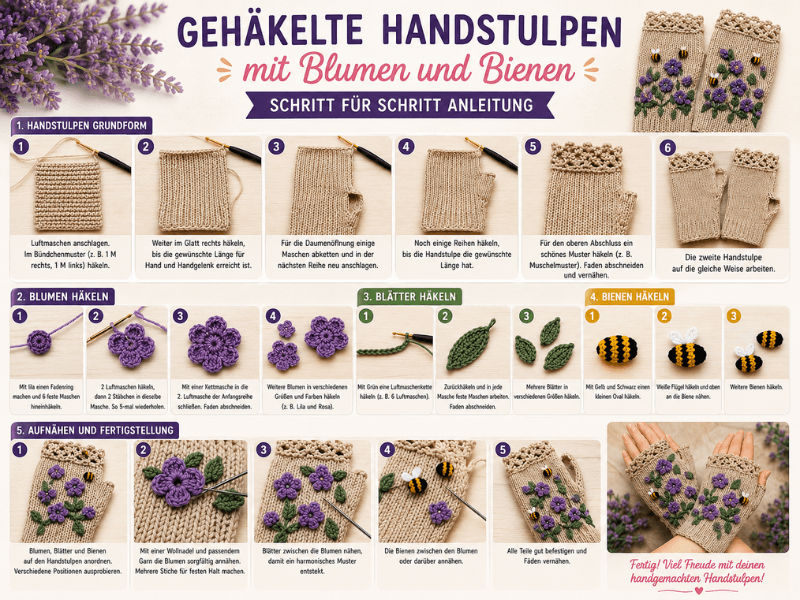 Schritt-für-Schritt-Anleitung für gehäkelte Handstulpen mit Blumen und Bienen