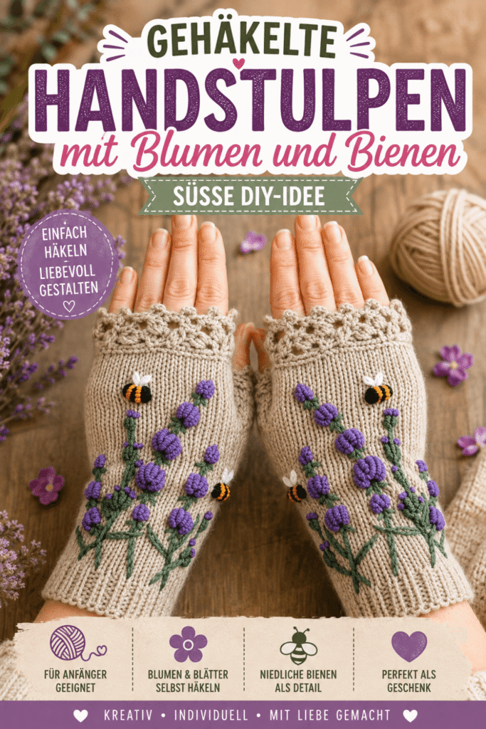 Gehäkelte Handstulpen mit Blumen und Bienen – einfache DIY-Idee