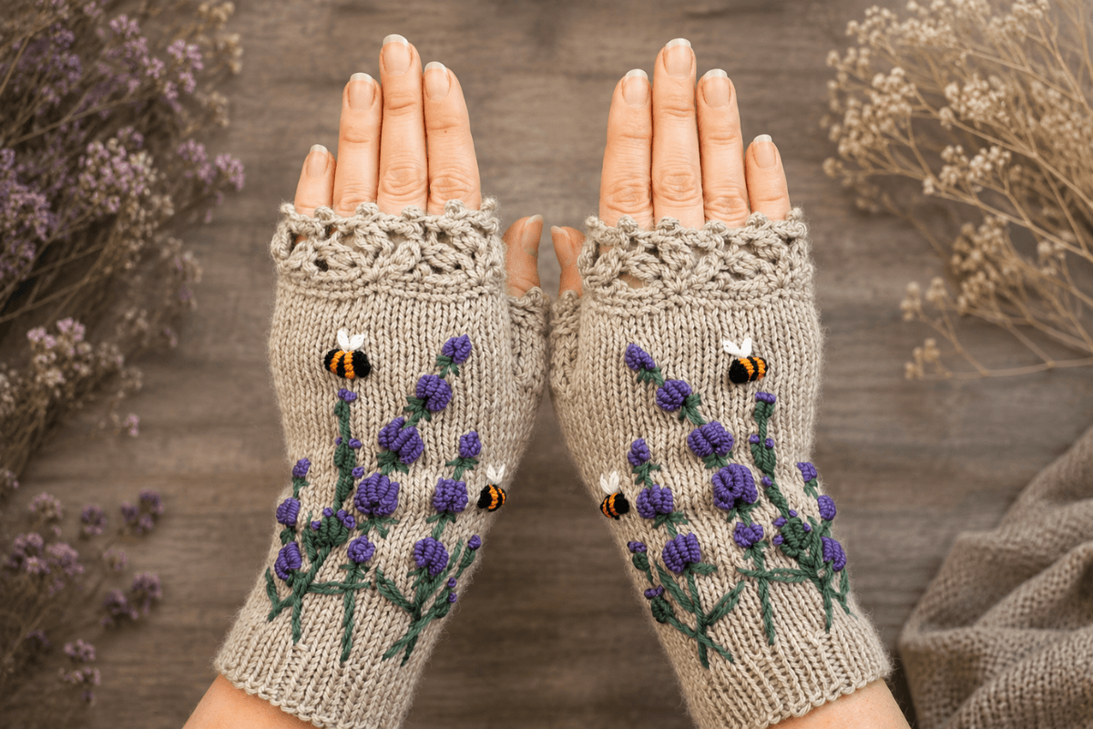 Gehäkelte Handstulpen mit Blumen und Bienen als süße DIY-Idee