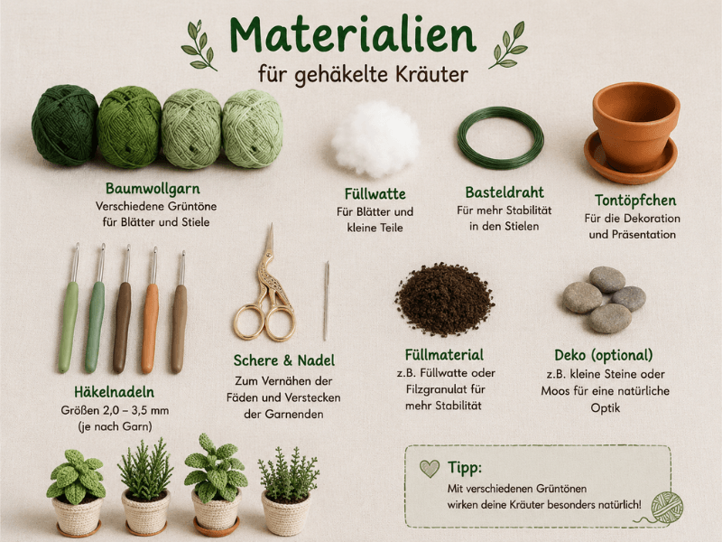 Materialien zum Häkeln von Basilikum, Rosmarin, Minze und Thymian