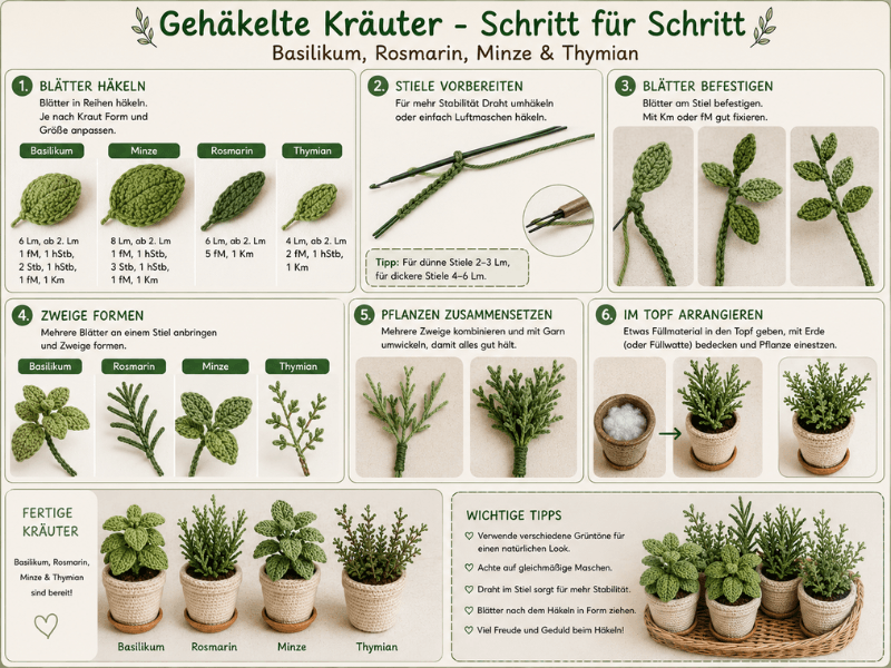Gehäkelte Kräuter Schritt für Schritt mit Blättern, Stielen und Töpfen