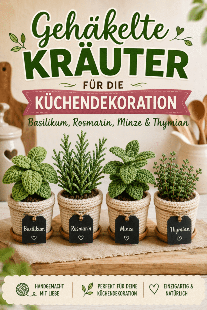 Gehäkelte Kräuter für die Küchendekoration mit Basilikum, Rosmarin, Minze und Thymian