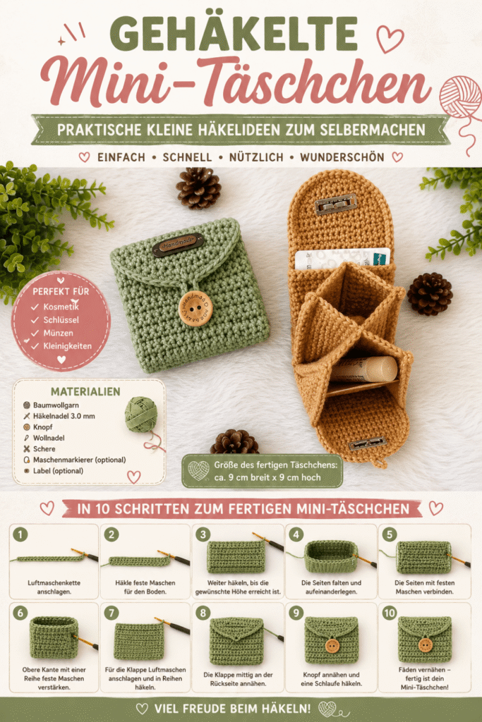 Materialien zum Häkeln eines Mini-Täschchens mit Baumwollgarn, Häkelnadel, Schere und Knopf