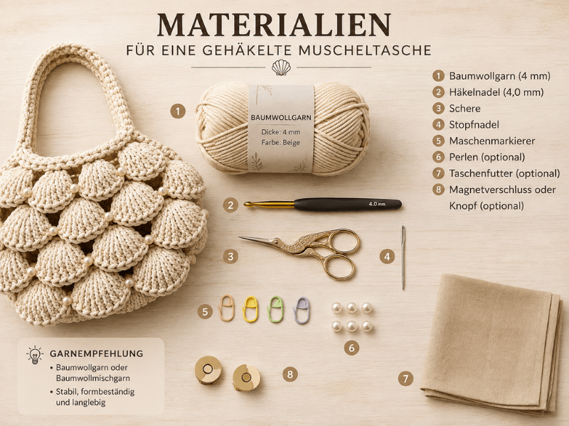 Materialien für eine gehäkelte Muscheltasche mit Baumwollgarn, Häkelnadel und Zubehör