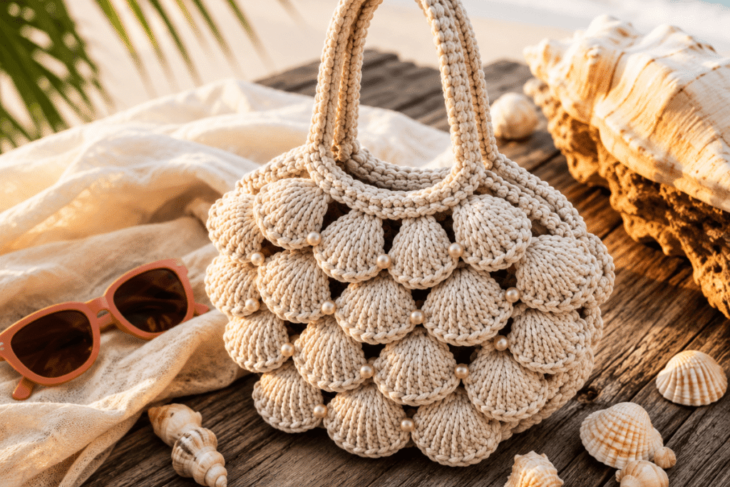 Gehäkelte Muscheltasche aus beigem Baumwollgarn mit Muschelmuster und Perlendetails