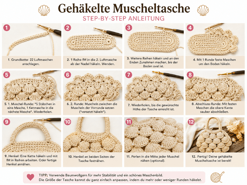 Gehäkelte Muscheltasche Schritt für Schritt Anleitung zum Selbermachen