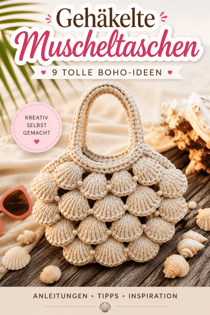 Gehäkelte Muscheltaschen im Boho-Stil mit Muschelmuster und Perlendetails