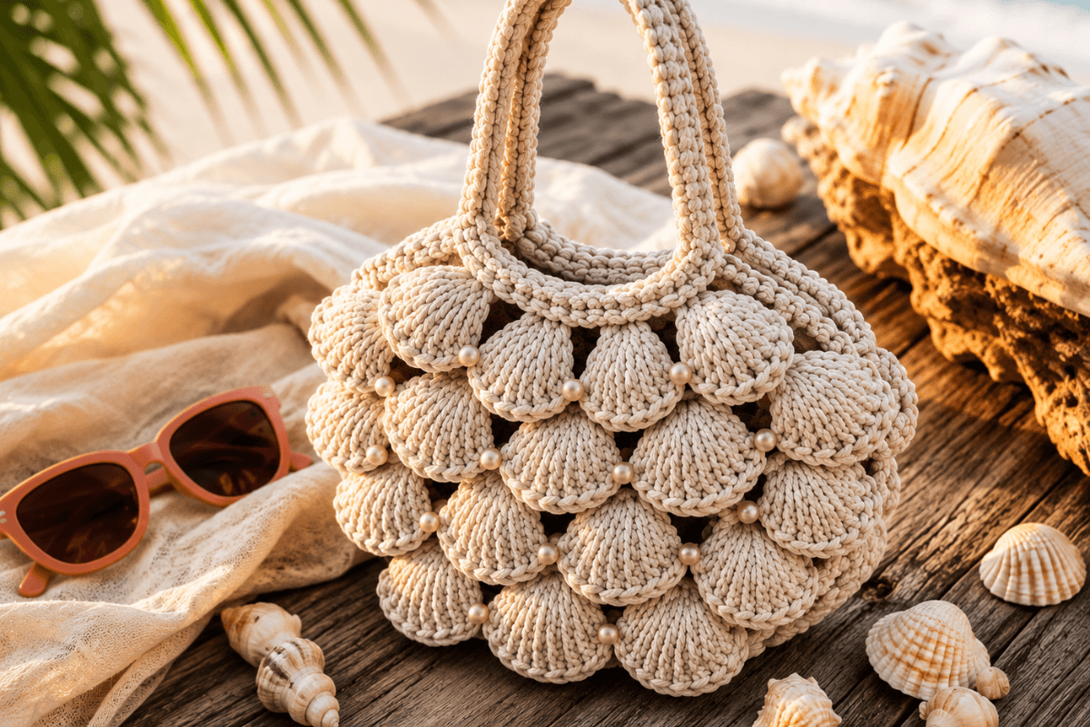 Gehäkelte Muscheltasche aus beigem Baumwollgarn mit Muschelmuster und Perlendetails
