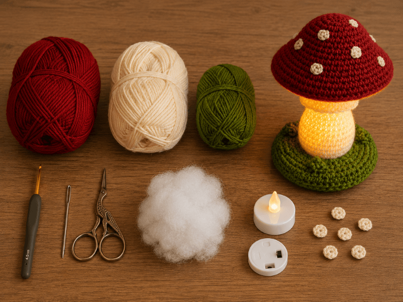 Materialien zum Häkeln einer Pilzlampe mit Garn und 2,5 mm Häkelnadel