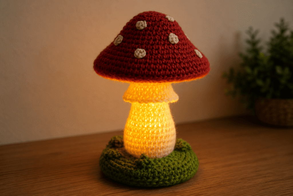 Gehäkelte Pilzlampe mit rotem Pilzhut und warmem LED-Licht
