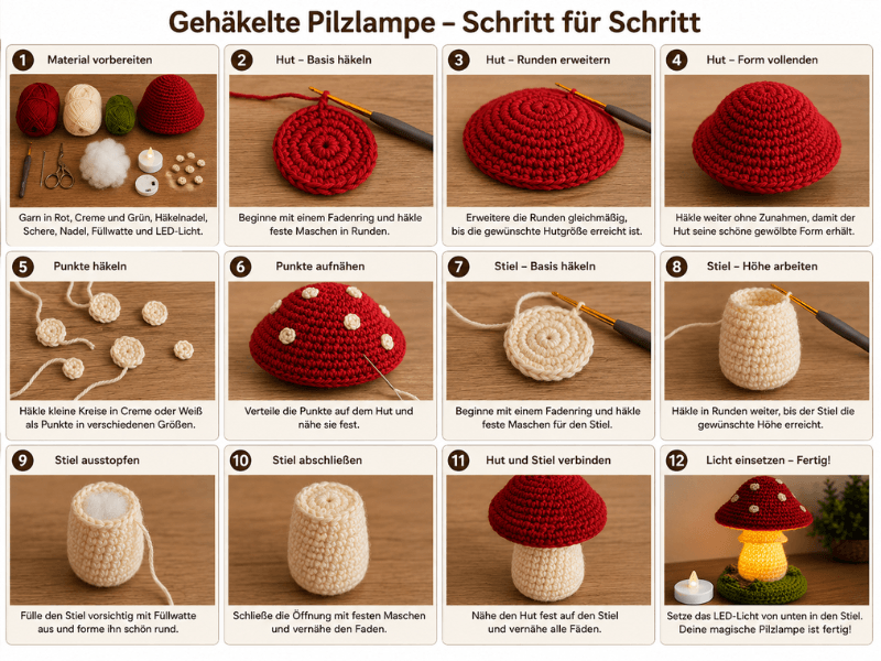 Schritt-für-Schritt-Anleitung zum Häkeln einer Mushroom Fairy Lamp