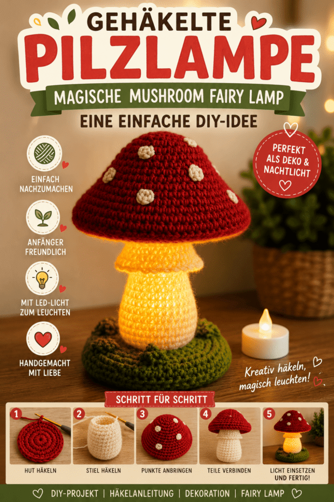 Gehäkelte Pilzlampe als Mushroom Fairy Lamp mit Schritt-für-Schritt-Anleitung