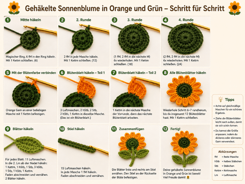 Schritt für Schritt eine gehäkelte Sonnenblume in Orange und Grün anfertigen