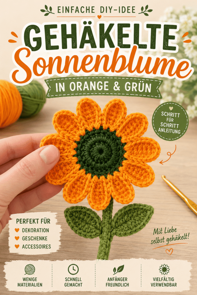 Gehäkelte Sonnenblume in Orange und Grün mit einfacher DIY-Anleitung