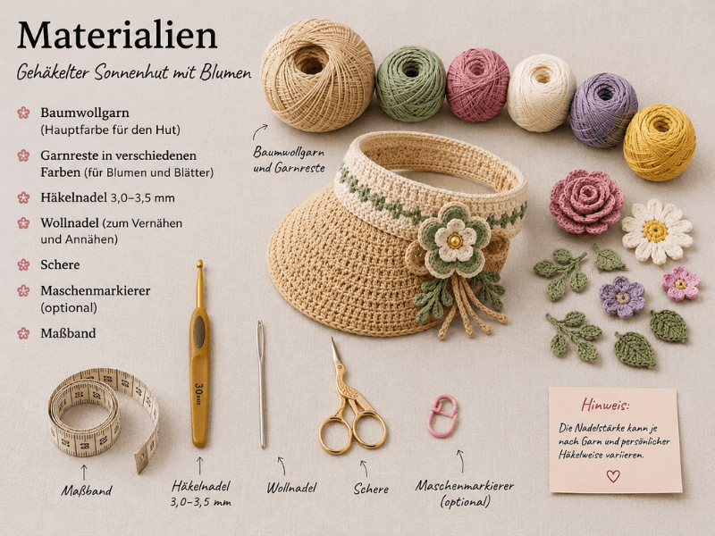 Materialien zum Häkeln eines Sonnenhuts mit Blumen