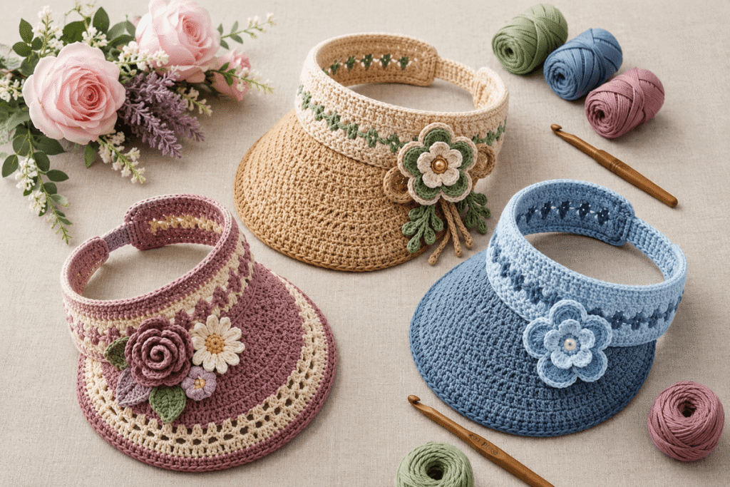 Gehäkelte Sonnenhüte mit Blumen in Beige, Rosa und Blau für Damen