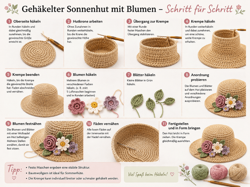 Schritt für Schritt einen gehäkelten Sonnenhut mit Blumen anfertigen