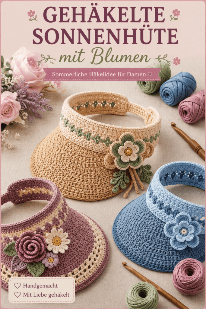 Gehäkelte Sonnenhüte mit Blumen – sommerliche Häkelidee für Damen