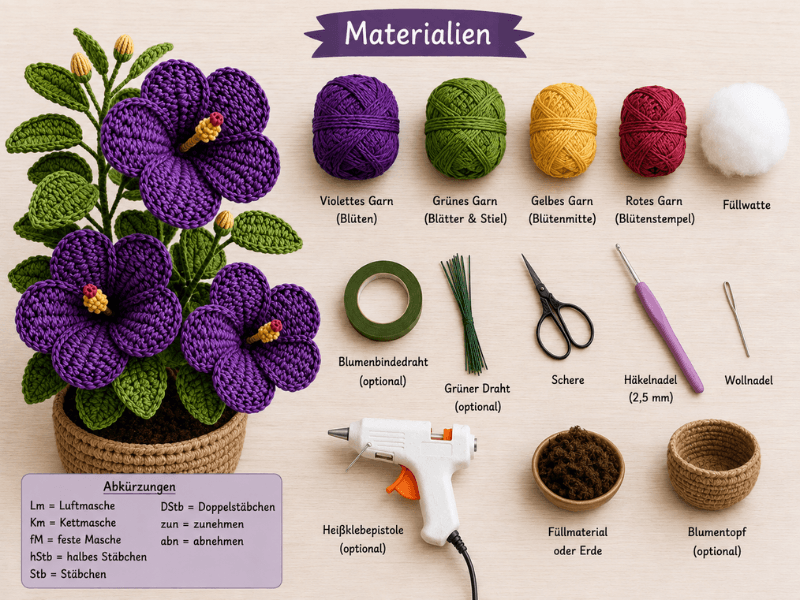 Materialien für gehäkelte Veilchen mit violettem, grünem und gelbem Garn und Häkelnadel