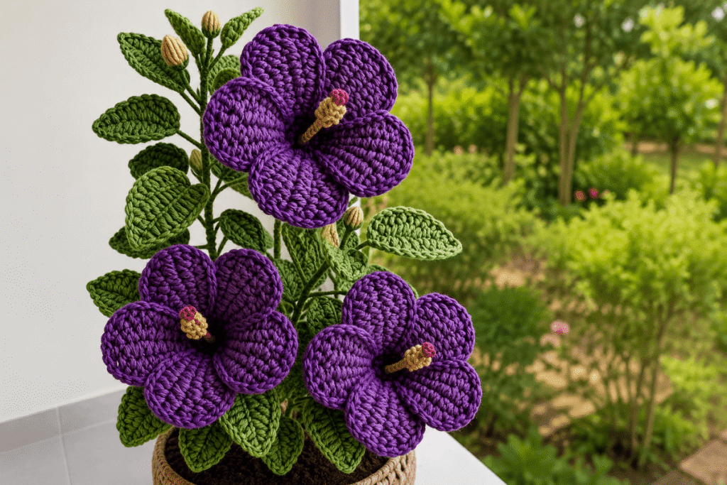 Gehäkelte Veilchen als wunderschöne DIY-Dekoration mit violetten Blüten und grünen Blättern