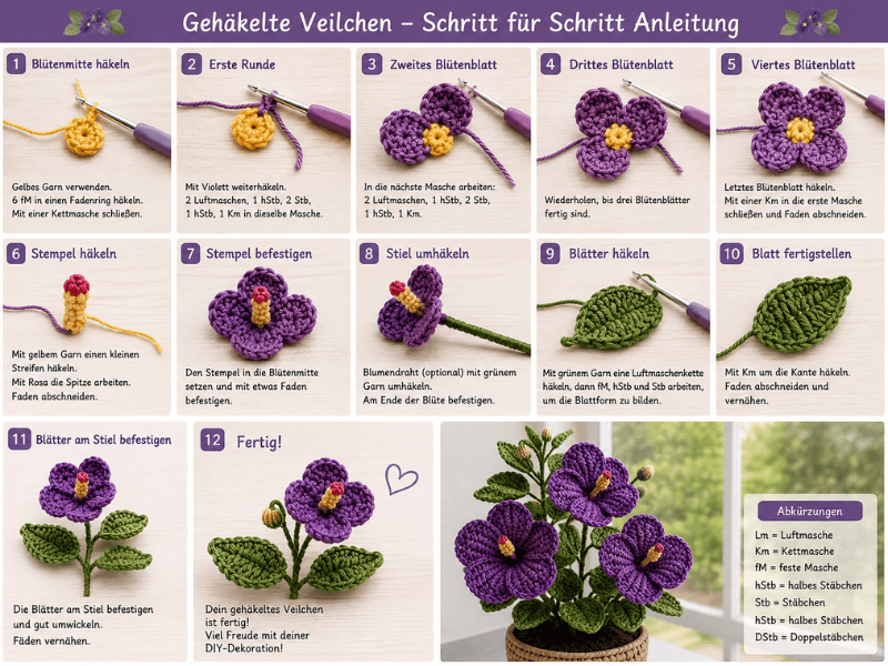 Gehäkelte Veilchen Schritt für Schritt mit Anleitung für Blütenblätter, Stempel, Stiel und Blätter