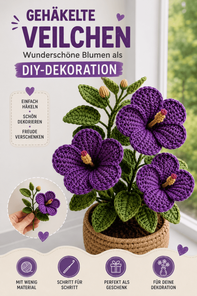 Gehäkelte Veilchen als DIY-Dekoration mit fertigem Blumenarrangement