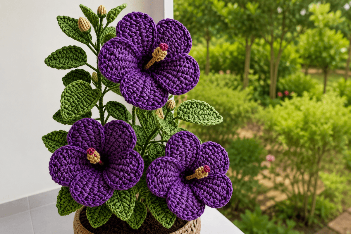 Gehäkelte Veilchen als wunderschöne DIY-Dekoration mit violetten Blüten und grünen Blättern