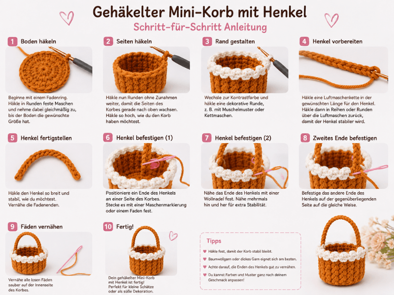 Schritt-für-Schritt-Anleitung für einen gehäkelten Mini-Korb mit Henkel