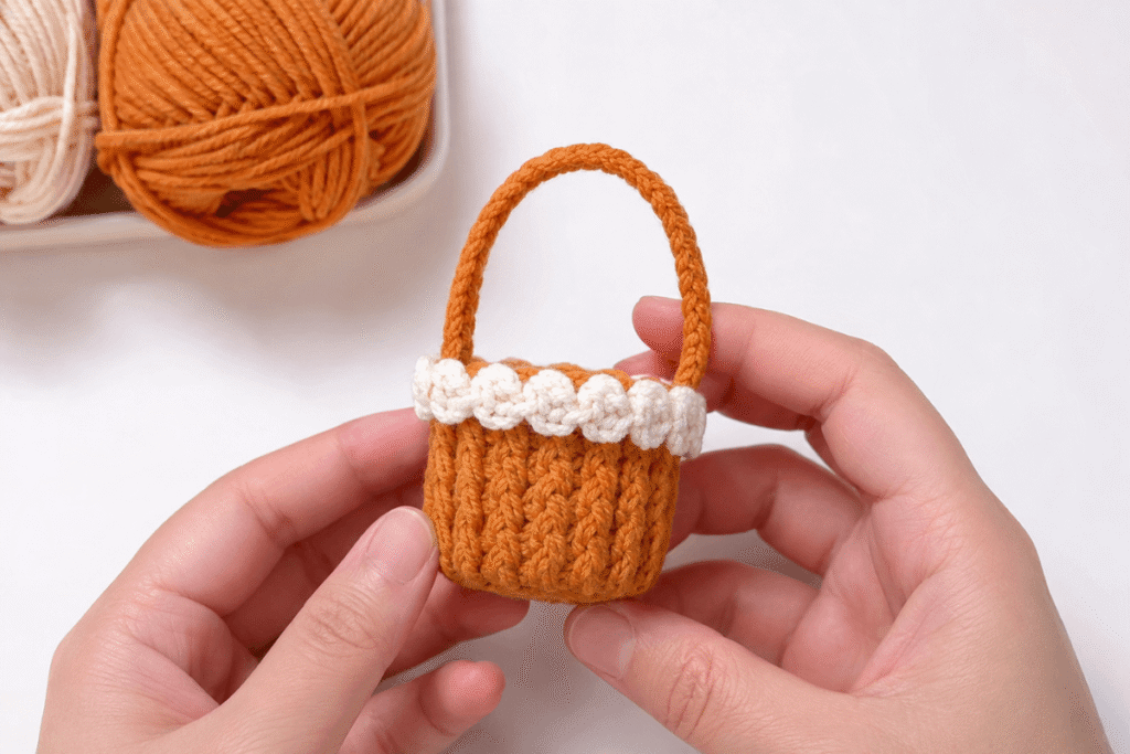 Gehäkelter Mini-Korb mit Henkel in Orange und Creme