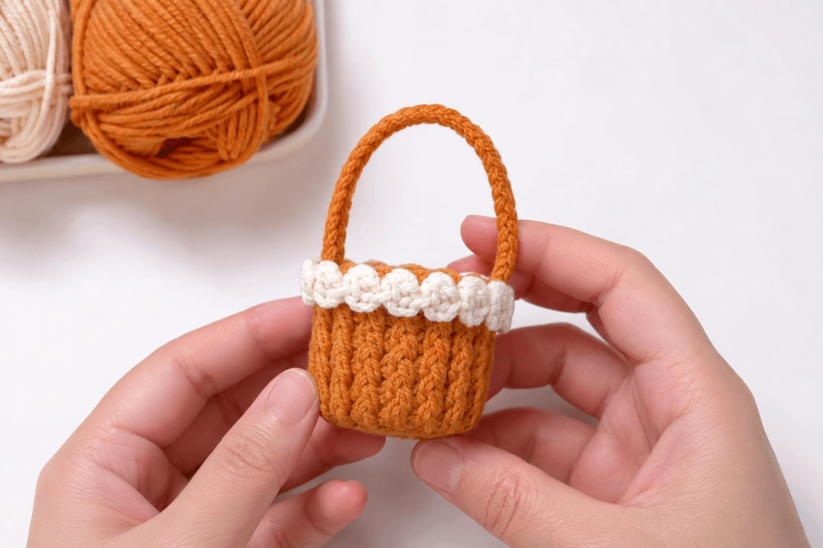 Gehäkelter Mini-Korb mit Henkel in Orange und Creme